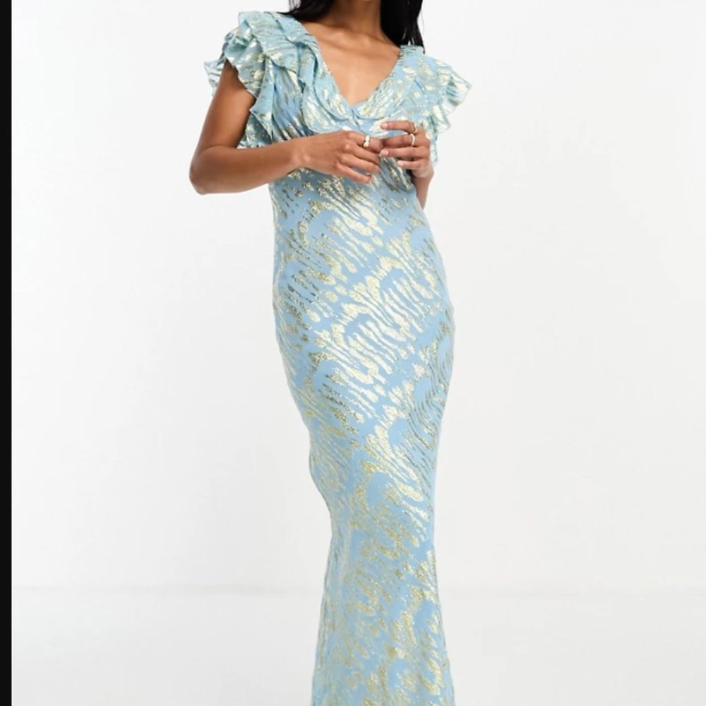 Never Fully Dressed Metallic Jacquard Ruffle Maxi Dress In Blue